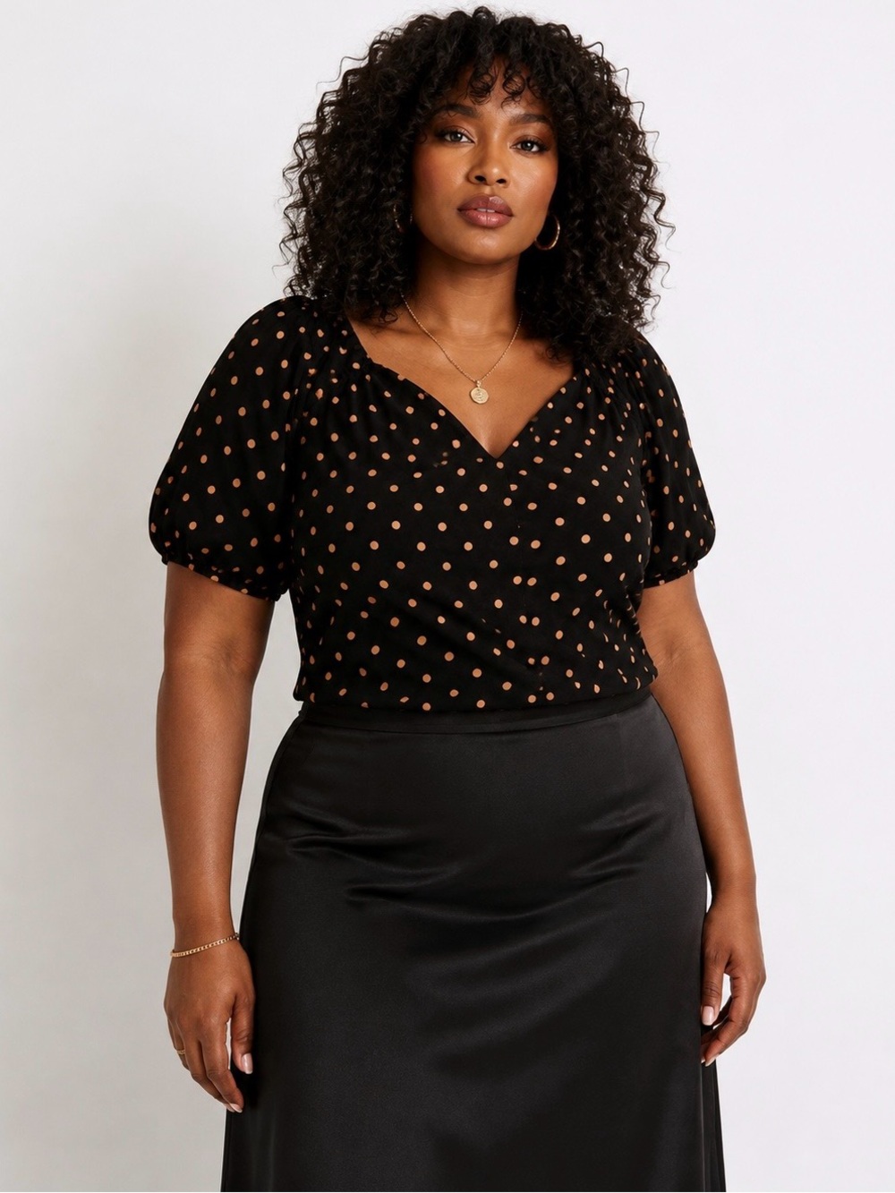 Madewell Black V-Neck Short Sleeve wrapTop with Mustard Polka Dots size large
